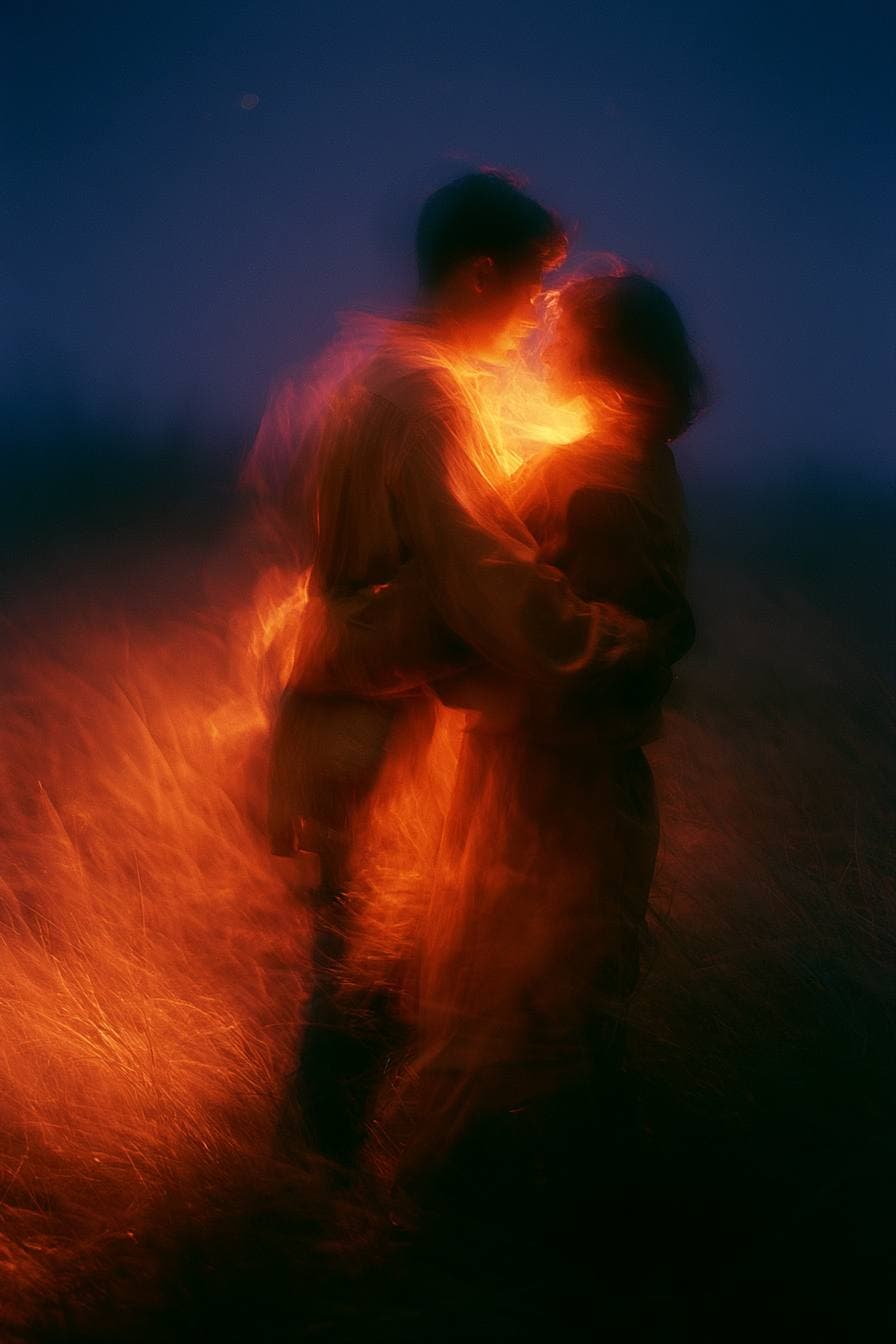 A couple in a full embrace, blazing with warm light