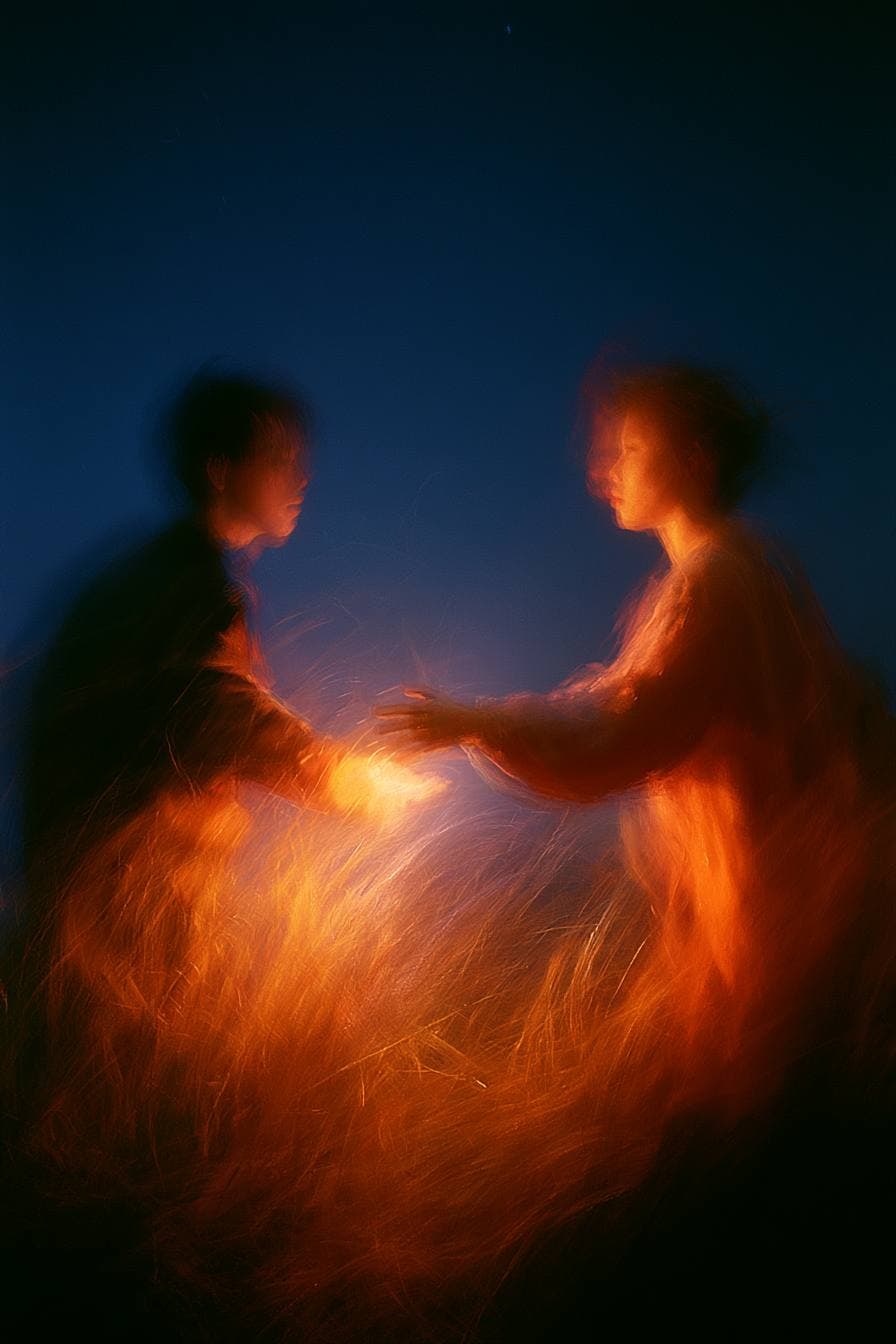 Two figures reaching toward each other, the glow rekindling between their hands