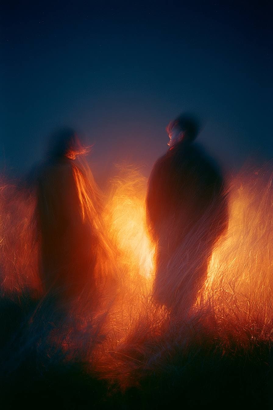 Two figures pulling apart in a night field, the glow torn between them