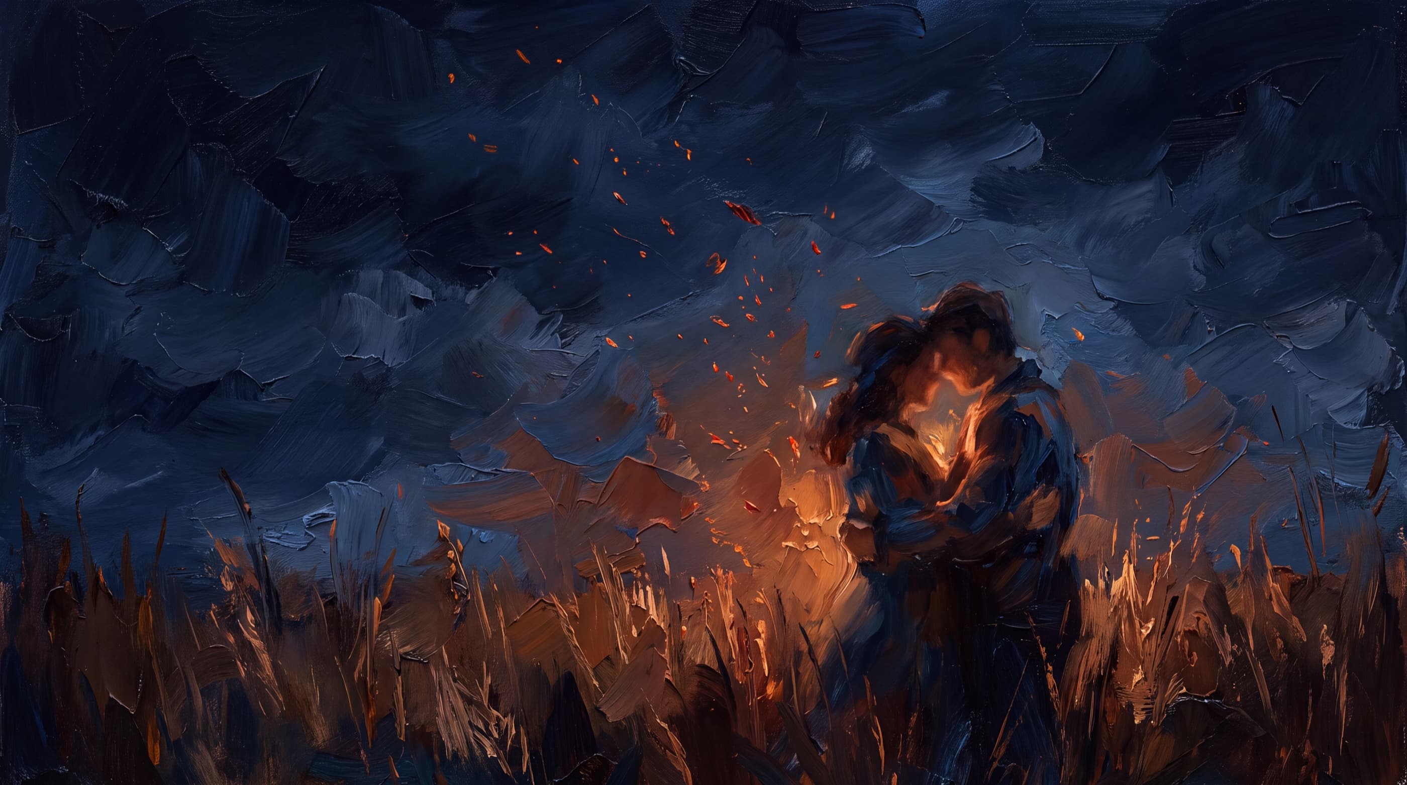 Impressionist oil painting of two people holding each other close at night, warm ember glow around them