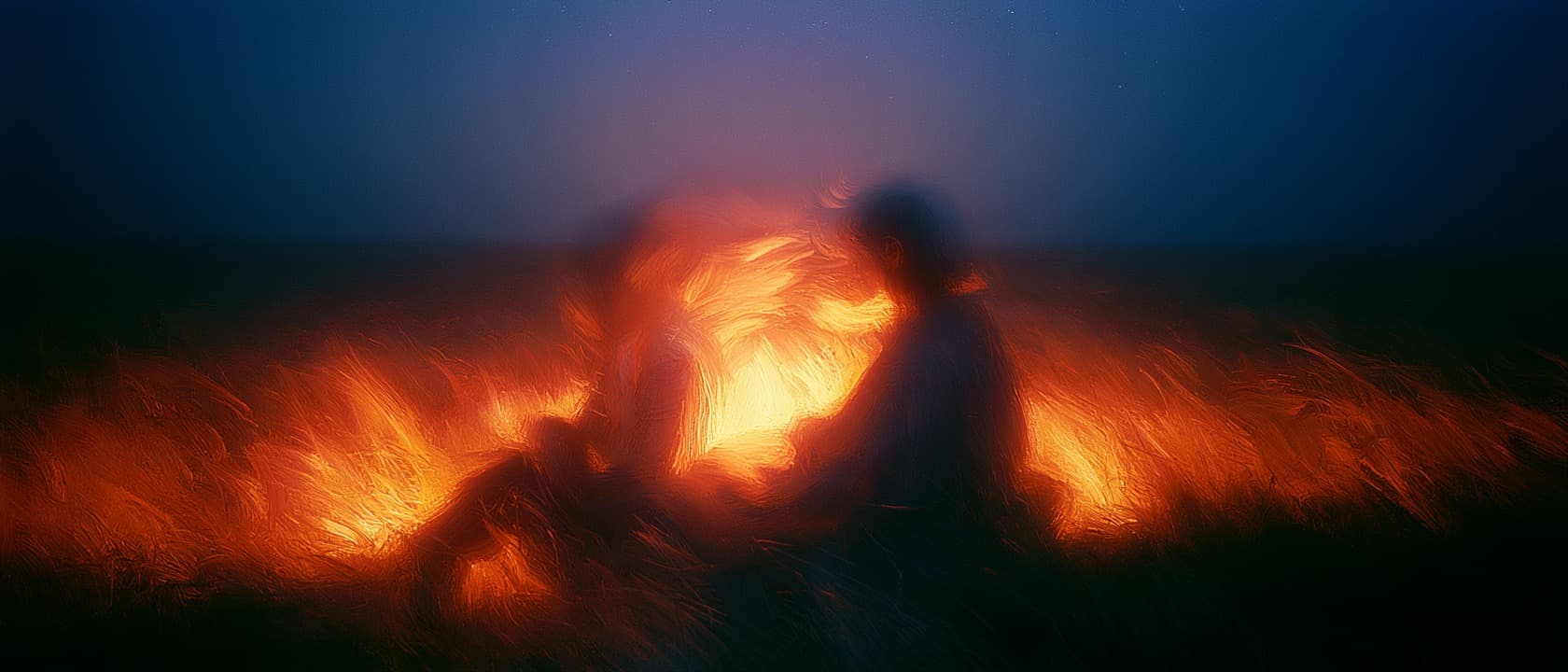 Impressionist oil painting of a couple sitting close in a dark night field, one small warm glow between them