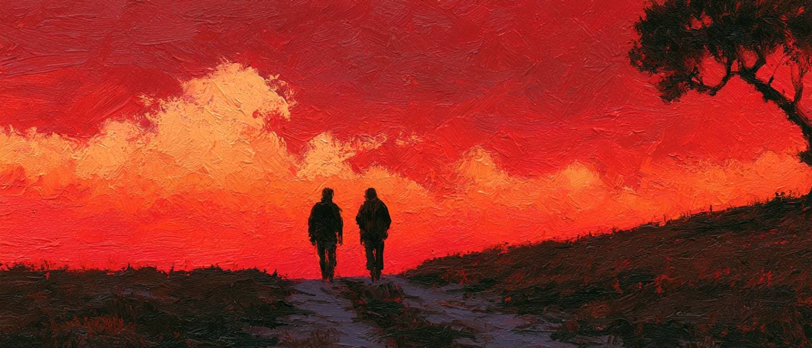 Impressionist oil painting of two people walking the same path together under a blazing red evening sky